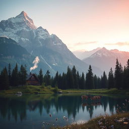 A serene mountain landscape at dawn, featuring majestic snow-capped peaks reflecting the soft pink and orange hues of the sunrise
