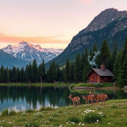A serene mountain landscape at dawn, featuring majestic snow-capped peaks reflecting the soft pink and orange hues of the sunrise
