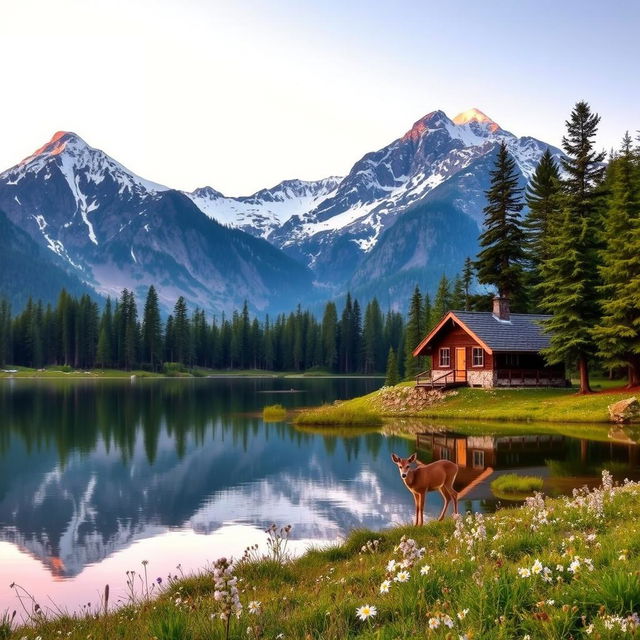 A serene mountain landscape at dawn, featuring majestic snow-capped peaks reflecting the soft pink and orange hues of the sunrise