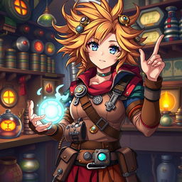 A female artificer depicted in a vibrant fantasy anime style, showcasing her unique and intricate crafting abilities