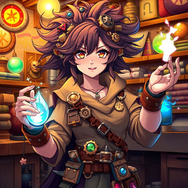 A female artificer depicted in a vibrant fantasy anime style, showcasing her unique and intricate crafting abilities