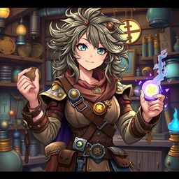 A female artificer depicted in a vibrant fantasy anime style, showcasing her unique and intricate crafting abilities
