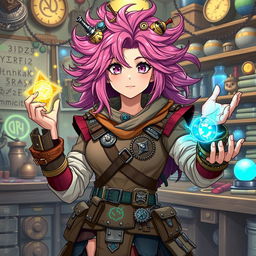 A female artificer depicted in a vibrant fantasy anime style, showcasing her unique and intricate crafting abilities