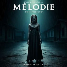 A haunting horror movie poster featuring an 18-year-old Malagasy girl with nappy hair standing in the center of a dark, rain-soaked street at night