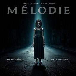 A haunting horror movie poster featuring an 18-year-old Malagasy girl with nappy hair standing in the center of a dark, rain-soaked street at night