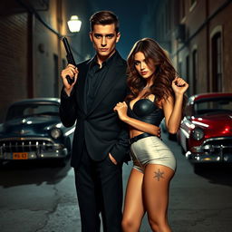 A realistic young mafia couple, deeply in love, standing confidently in a dimly lit alley