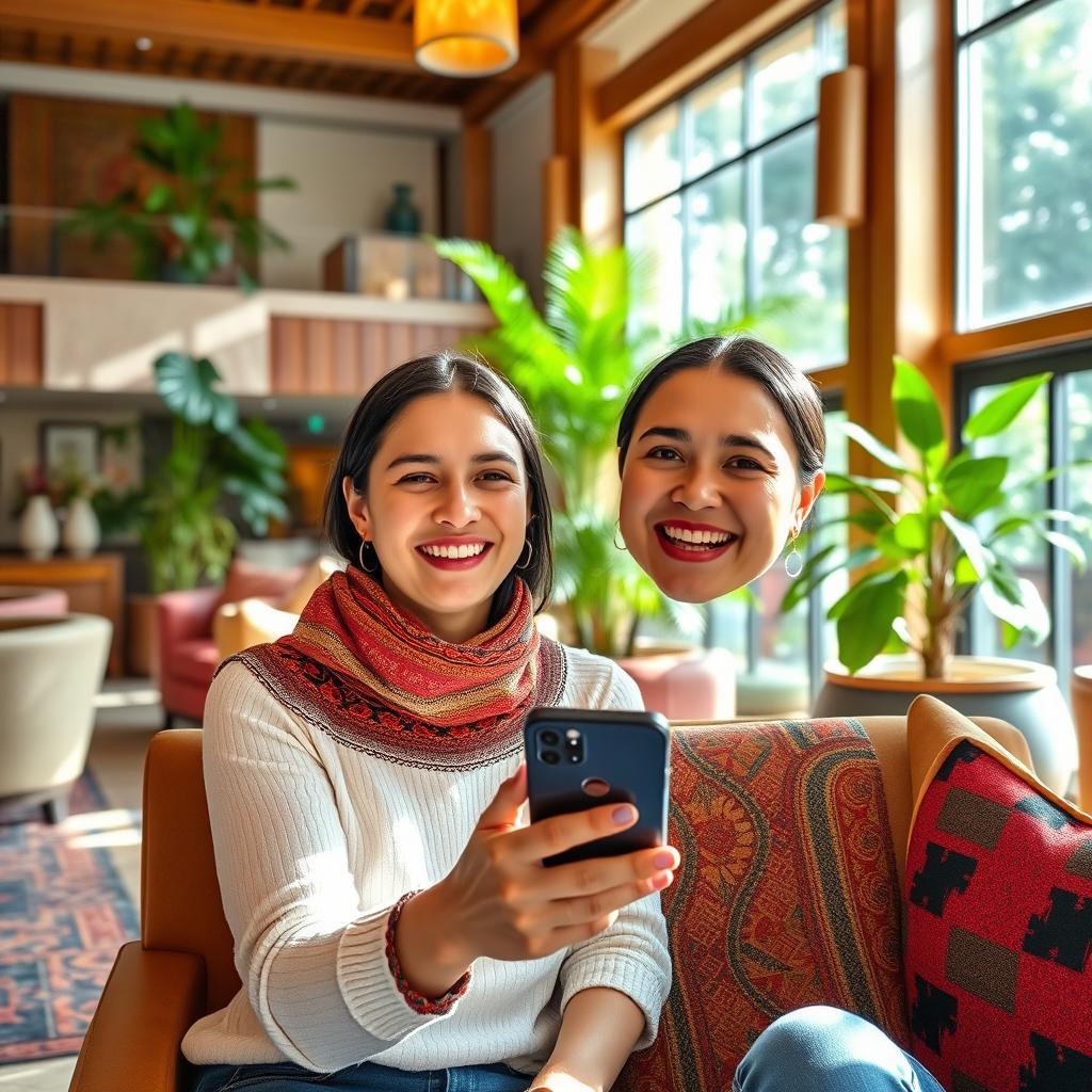 A happy guest in a luxurious Andean hotel, holding a smartphone while giving enthusiastic comments about their stay