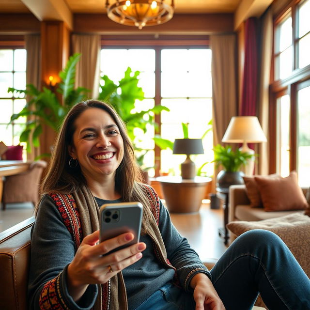 A happy guest in a luxurious Andean hotel, holding a smartphone while giving enthusiastic comments about their stay