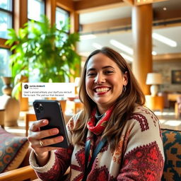 A happy guest in a luxurious Andean hotel, holding a smartphone while giving enthusiastic comments about their stay