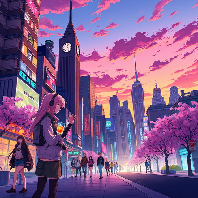 A vibrant anime cityscape at sunset, with tall futuristic buildings adorned with neon lights