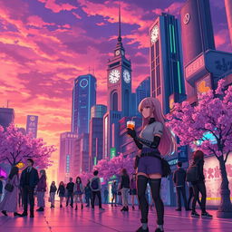 A vibrant anime cityscape at sunset, with tall futuristic buildings adorned with neon lights