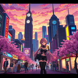 A vibrant anime cityscape at sunset, with tall futuristic buildings adorned with neon lights