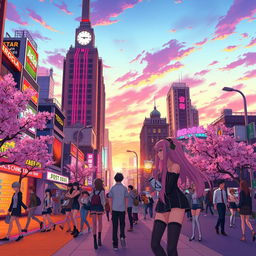 A vibrant anime cityscape at sunset, with tall futuristic buildings adorned with neon lights