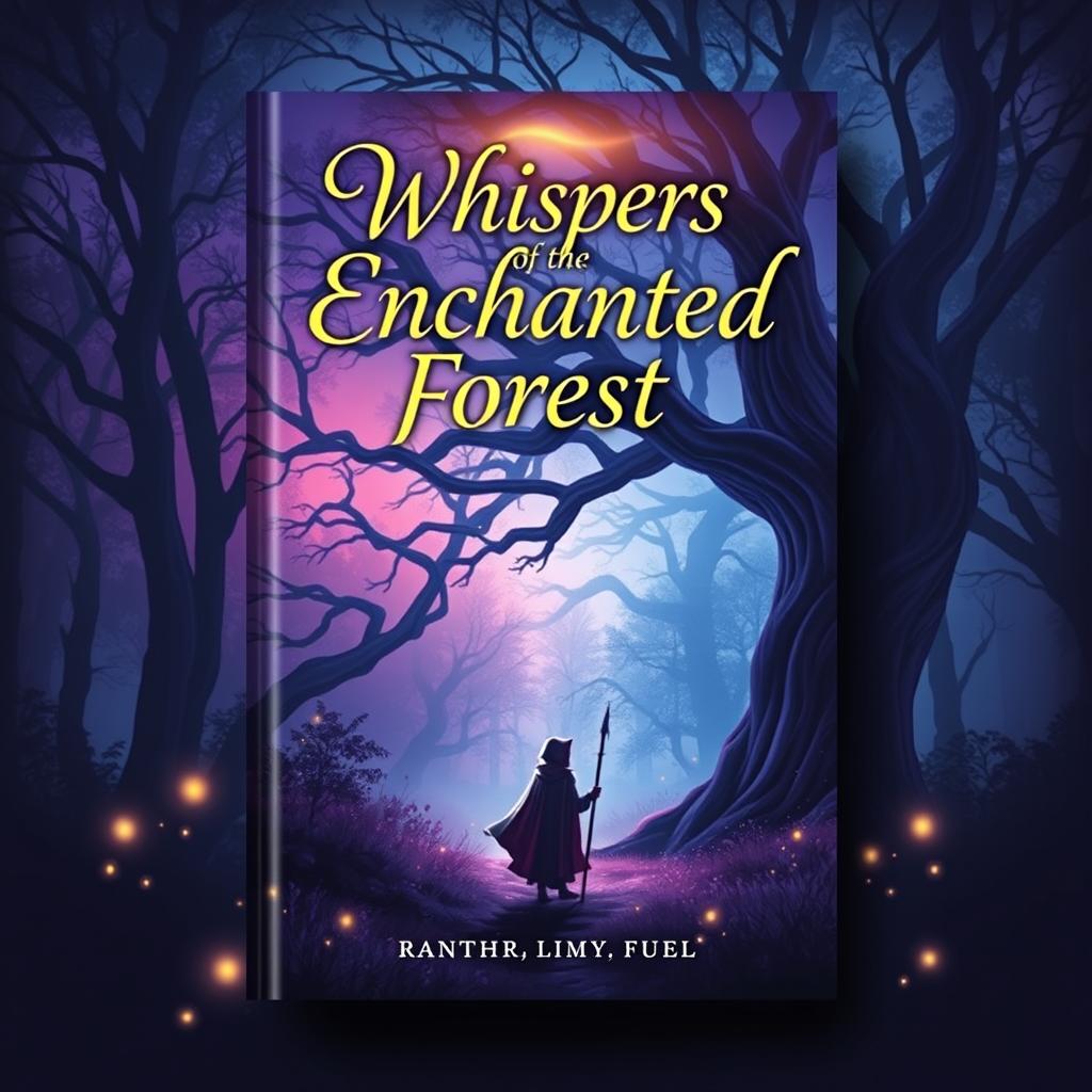 A captivating and visually striking book cover design featuring a mystical forest at twilight, glowing with soft hues of purple and blue