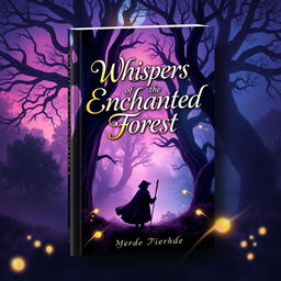 A captivating and visually striking book cover design featuring a mystical forest at twilight, glowing with soft hues of purple and blue