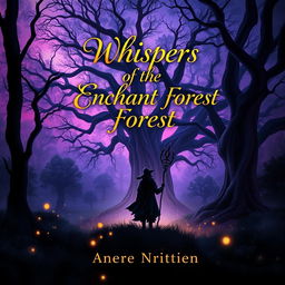 A captivating and visually striking book cover design featuring a mystical forest at twilight, glowing with soft hues of purple and blue