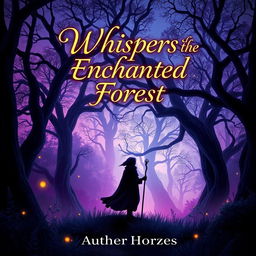 A captivating and visually striking book cover design featuring a mystical forest at twilight, glowing with soft hues of purple and blue