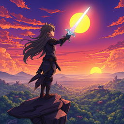 A vibrant and dynamic anime scene featuring a young warrior standing on a cliff overlooking a sprawling fantasy landscape