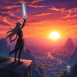 A vibrant and dynamic anime scene featuring a young warrior standing on a cliff overlooking a sprawling fantasy landscape