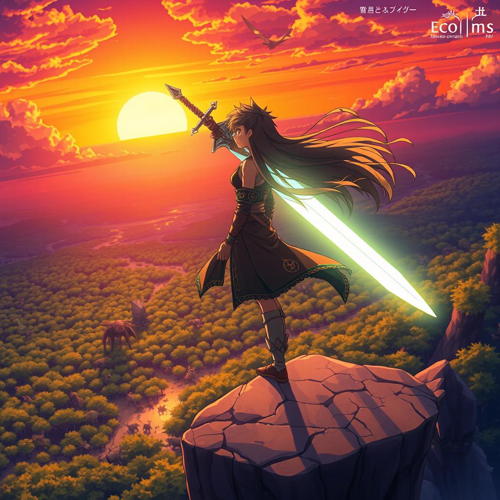 A vibrant and dynamic anime scene featuring a young warrior standing on a cliff overlooking a sprawling fantasy landscape