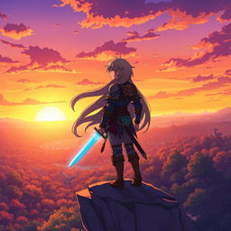 A vibrant and dynamic anime scene featuring a young warrior standing on a cliff overlooking a sprawling fantasy landscape