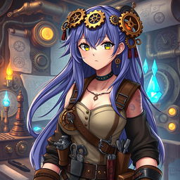 A female artificer engineer in a fantasy anime style, showcasing her intricate gadgets and tools