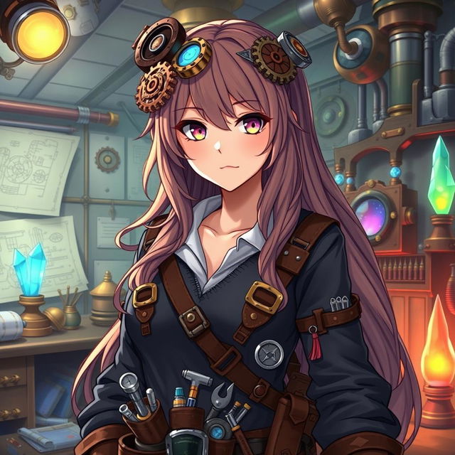 A female artificer engineer in a fantasy anime style, showcasing her intricate gadgets and tools