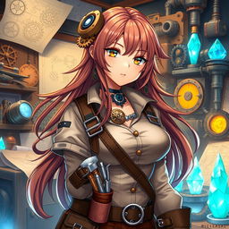 A female artificer engineer in a fantasy anime style, showcasing her intricate gadgets and tools