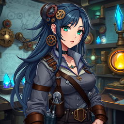 A female artificer engineer in a fantasy anime style, showcasing her intricate gadgets and tools