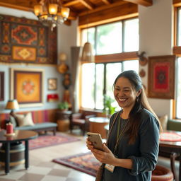 A joyful guest in an Andean hotel, engaging with their smartphone while enthusiastically sharing comments about their experience