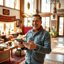 A joyful guest in an Andean hotel, engaging with their smartphone while enthusiastically sharing comments about their experience