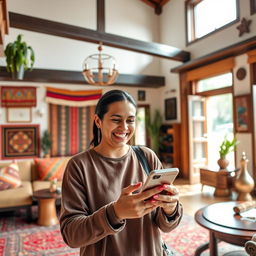 A joyful guest in an Andean hotel, engaging with their smartphone while enthusiastically sharing comments about their experience