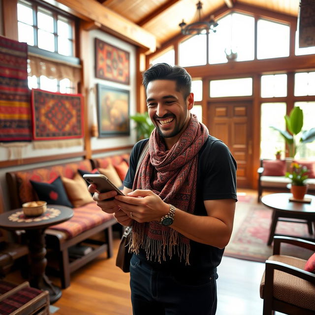 A joyful guest in an Andean hotel, engaging with their smartphone while enthusiastically sharing comments about their experience