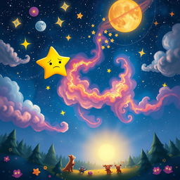 An enchanting storybook illustration of a small, frustrated star in a vibrant night sky, surrounded by larger, glowing stars