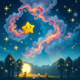 An enchanting storybook illustration of a small, frustrated star in a vibrant night sky, surrounded by larger, glowing stars