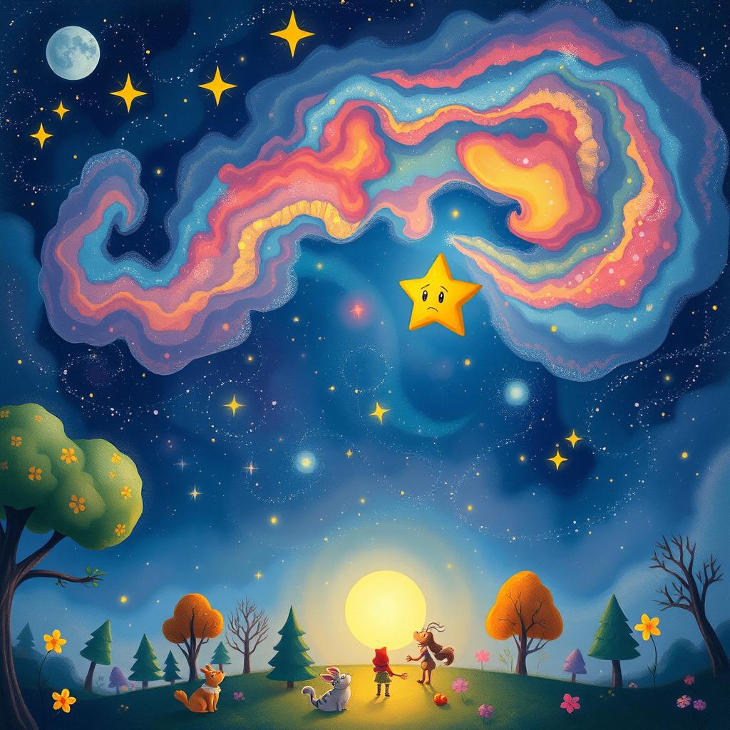 An enchanting storybook illustration of a small, frustrated star in a vibrant night sky, surrounded by larger, glowing stars