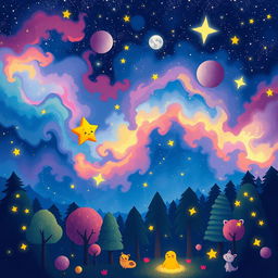 An enchanting storybook illustration of a small, frustrated star in a vibrant night sky, surrounded by larger, glowing stars