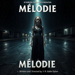 A gripping horror movie poster featuring an 18-year-old Malagasy girl with nappy hair standing in the center of a dark, rain-soaked street at night