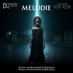 A gripping horror movie poster featuring an 18-year-old Malagasy girl with nappy hair standing in the center of a dark, rain-soaked street at night