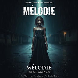 A gripping horror movie poster featuring an 18-year-old Malagasy girl with nappy hair standing in the center of a dark, rain-soaked street at night