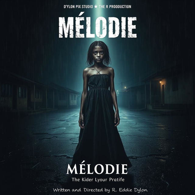 A gripping horror movie poster featuring an 18-year-old Malagasy girl with nappy hair standing in the center of a dark, rain-soaked street at night