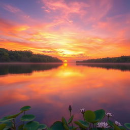 A serene and tranquil scene portraying a picturesque sunset over a calm lake surrounded by lush green forests