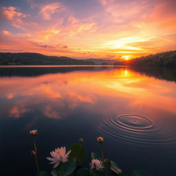 A serene and tranquil scene portraying a picturesque sunset over a calm lake surrounded by lush green forests