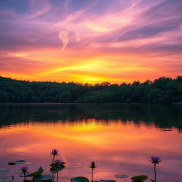 A serene and tranquil scene portraying a picturesque sunset over a calm lake surrounded by lush green forests
