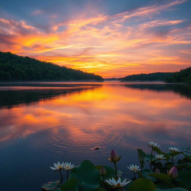 A serene and tranquil scene portraying a picturesque sunset over a calm lake surrounded by lush green forests