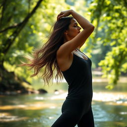 A tranquil and serene scene featuring a woman practicing yoga in a peaceful natural environment