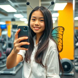 A young girl with long black hair, dressed in a charming white shirt, resembles a butterfly with her vibrant and whimsical personality