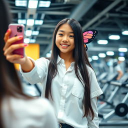 A young girl with long black hair, dressed in a charming white shirt, resembles a butterfly with her vibrant and whimsical personality