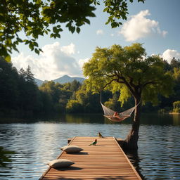 A serene and relaxing landscape featuring a calm lake surrounded by lush green trees, with soft sunlight filtering through the leaves