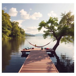 A serene and relaxing landscape featuring a calm lake surrounded by lush green trees, with soft sunlight filtering through the leaves